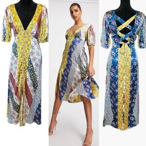 ASOS Floral Patchwork Midi Dress Button Satin Cottagecore Coquette Romantic 6